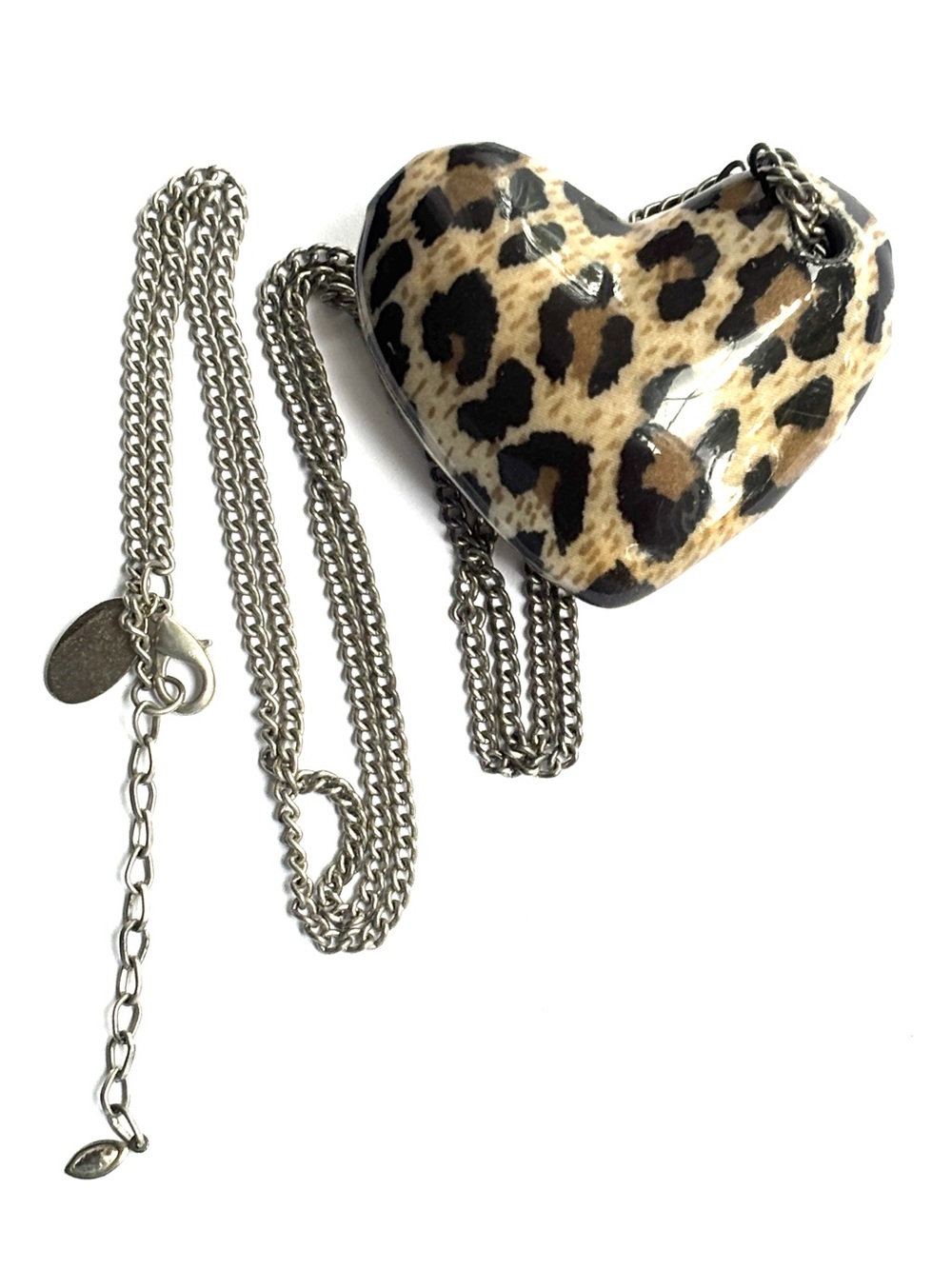 Alceli Design Signed Chunky Leopard Heart Pendant Statement Necklace Silver Tone